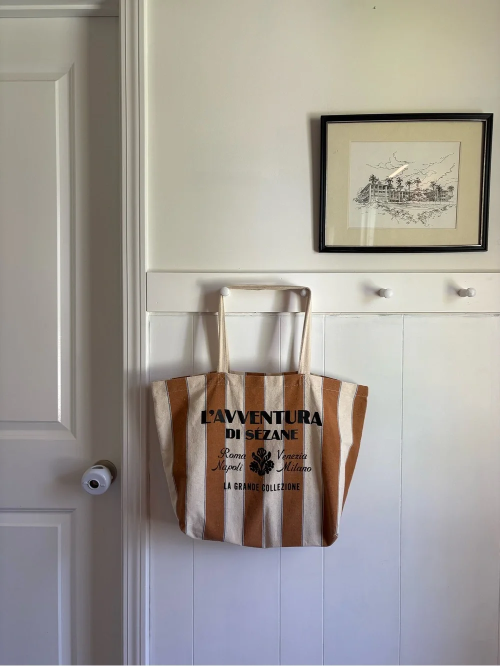 Sézane L'Aventura Camel Striped Cotton Canvas Tote Bag